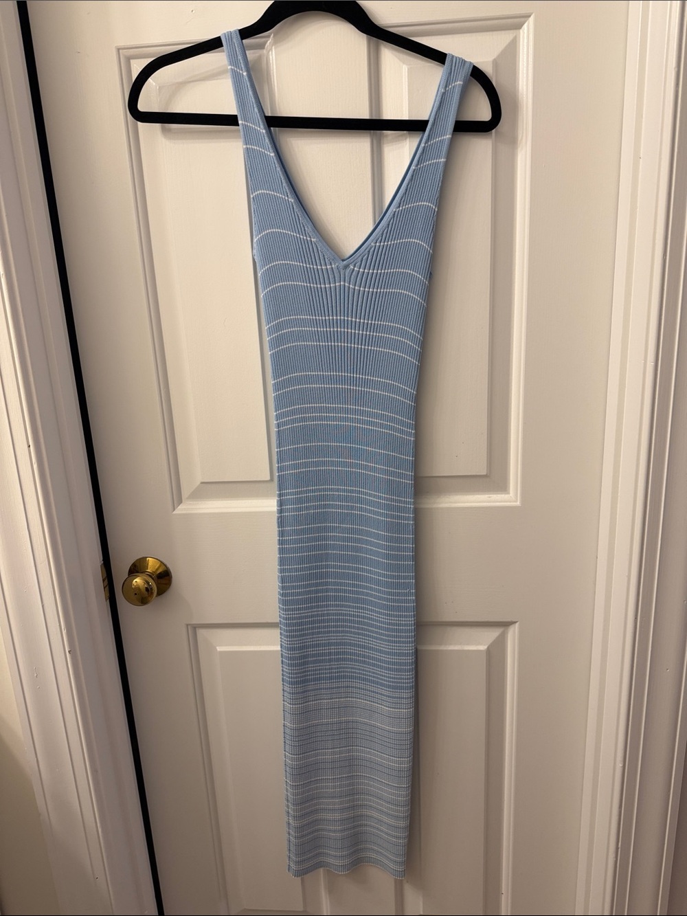 STAUD Light Blue Ribbed V-Neck Midi Dress